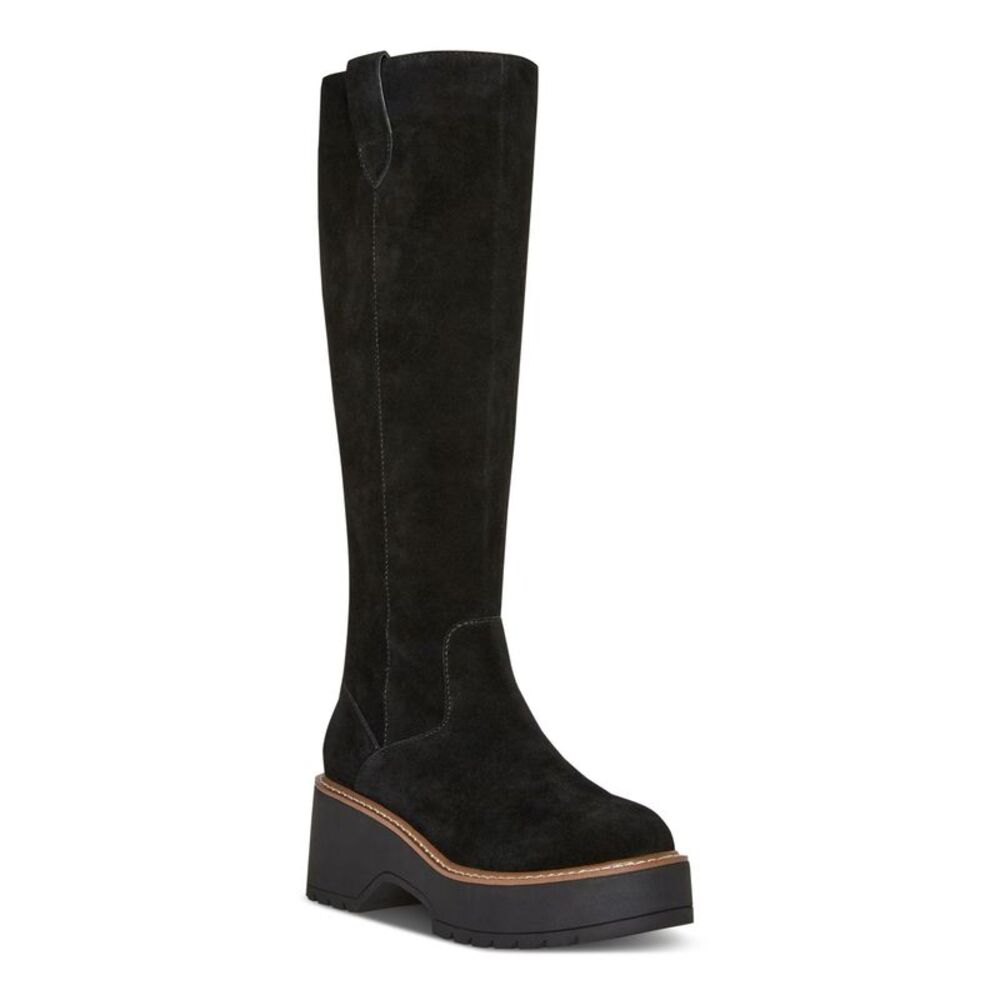 AQUA COLLEGE Womens Black 1-1/2" Platform Pull-Tabs Gina Suede Boots Shoes 7.5 M